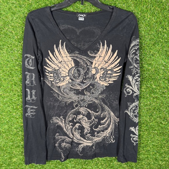 CottOn Black Love Wings Long Sleeve V Neck Top Embellished Grunge - Picture 1 of 6